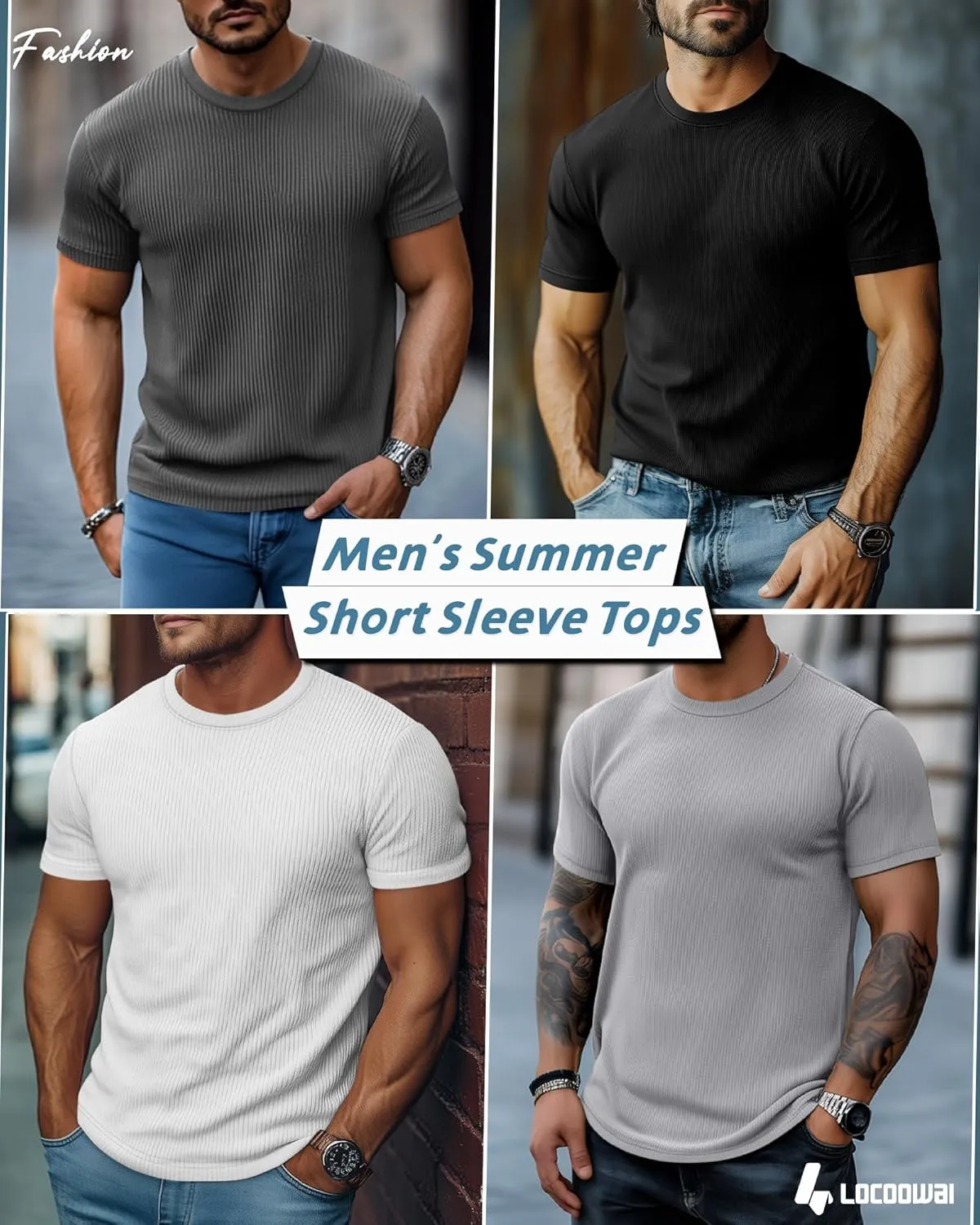 4 Pack Men's Short Sleeve T Shirts Crewneck Ribbed Knit Slim Fit Tops Basic Muscle Tee Shirts