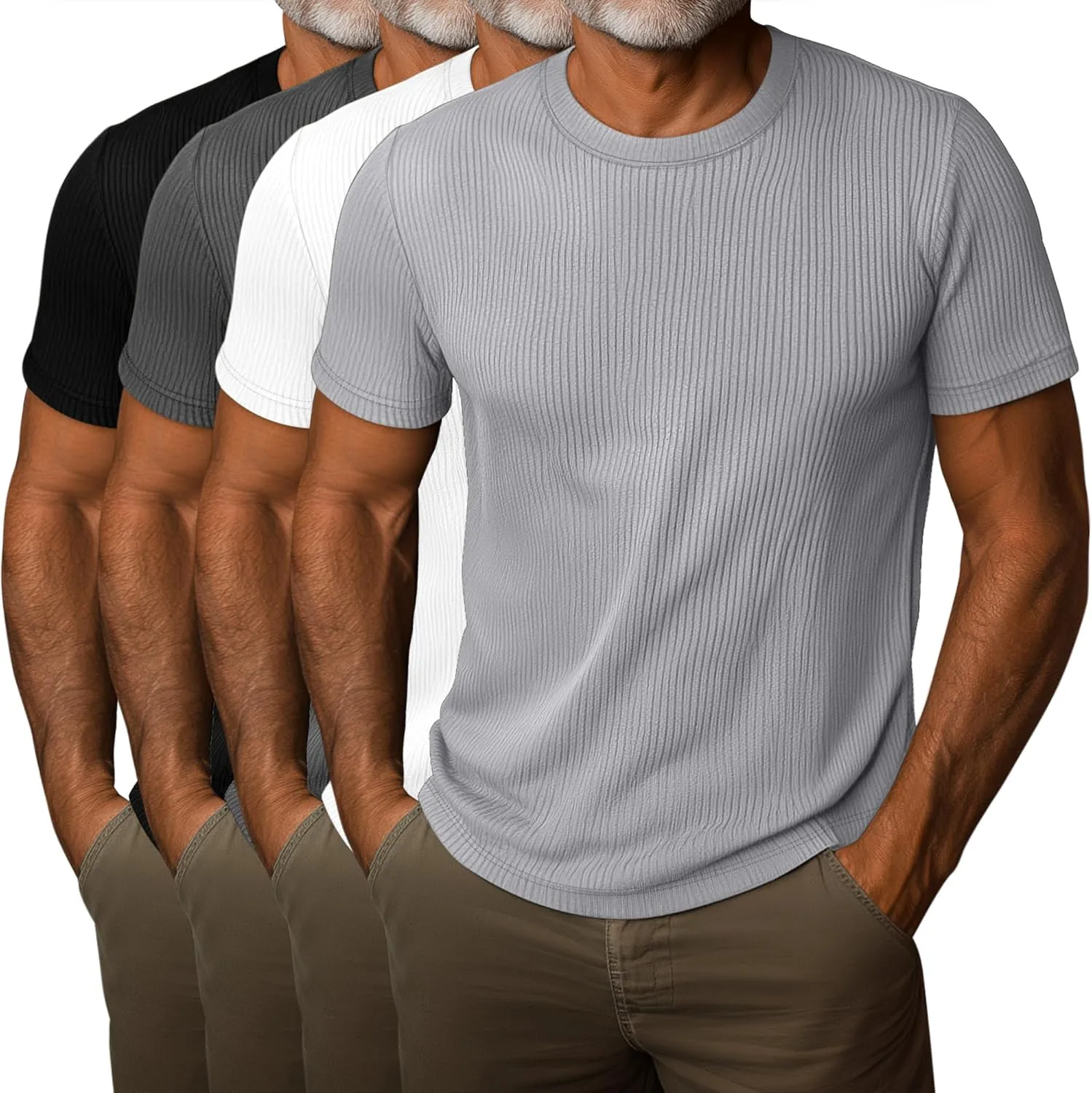 4 Pack Men's Short Sleeve T Shirts Crewneck Ribbed Knit Slim Fit Tops Basic Muscle Tee Shirts