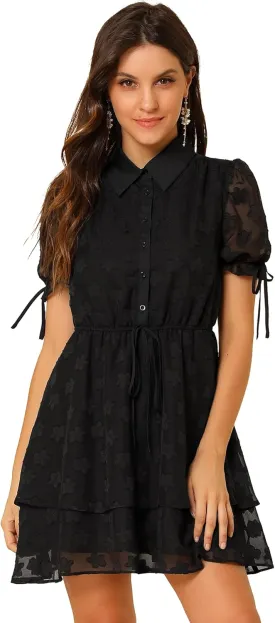 Allegra K Women's Peter Pan Collar Floral Drawstring Chiffon Layered Dress