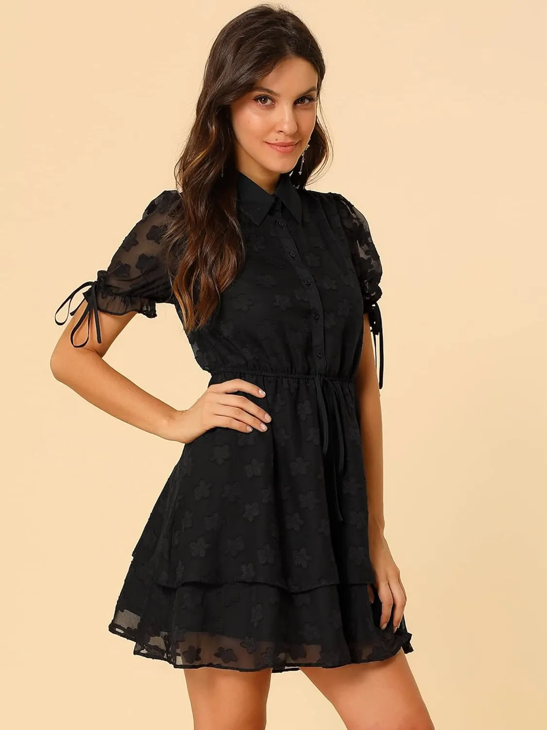 Allegra K Women's Peter Pan Collar Floral Drawstring Chiffon Layered Dress
