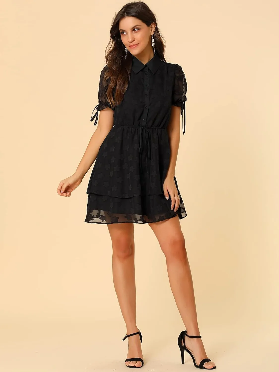Allegra K Women's Peter Pan Collar Floral Drawstring Chiffon Layered Dress