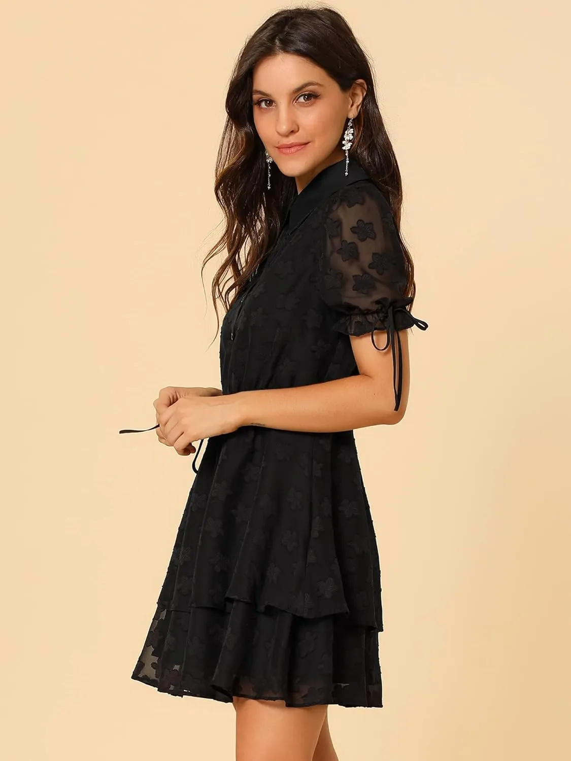 Allegra K Women's Peter Pan Collar Floral Drawstring Chiffon Layered Dress