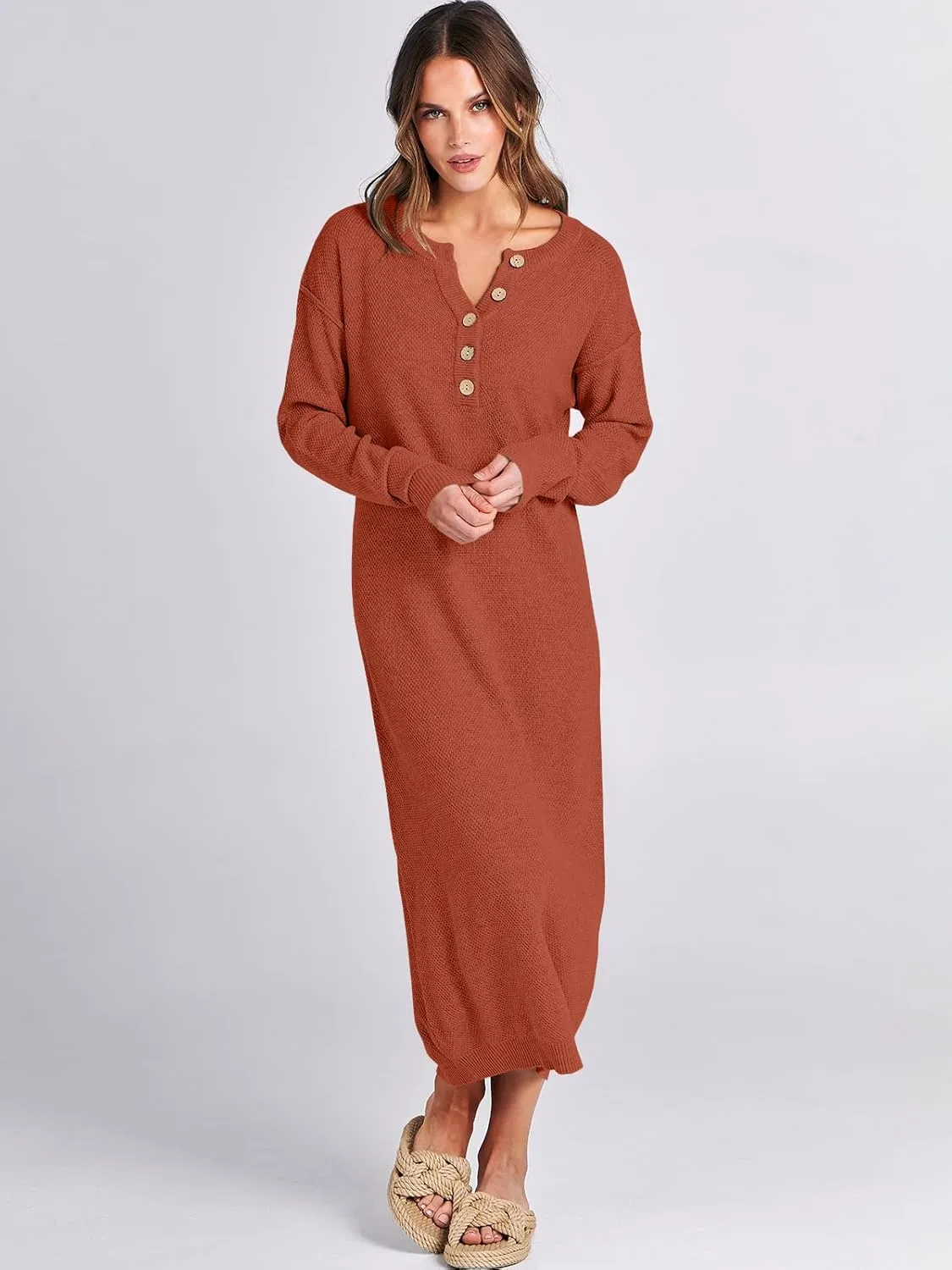 ANRABESS Women Long Sleeve Button V Neck Oversized Casual Loose Fit Waffle Knit Fall Midi Sweater Dress 2025 Trendy Outfits