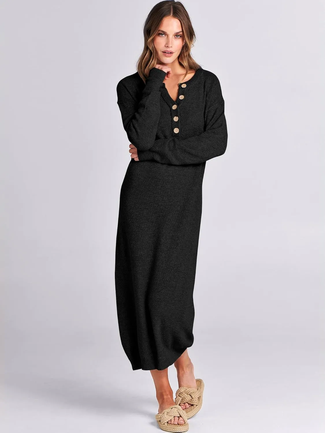 ANRABESS Women Long Sleeve Button V Neck Oversized Casual Loose Fit Waffle Knit Fall Midi Sweater Dress 2025 Trendy Outfits