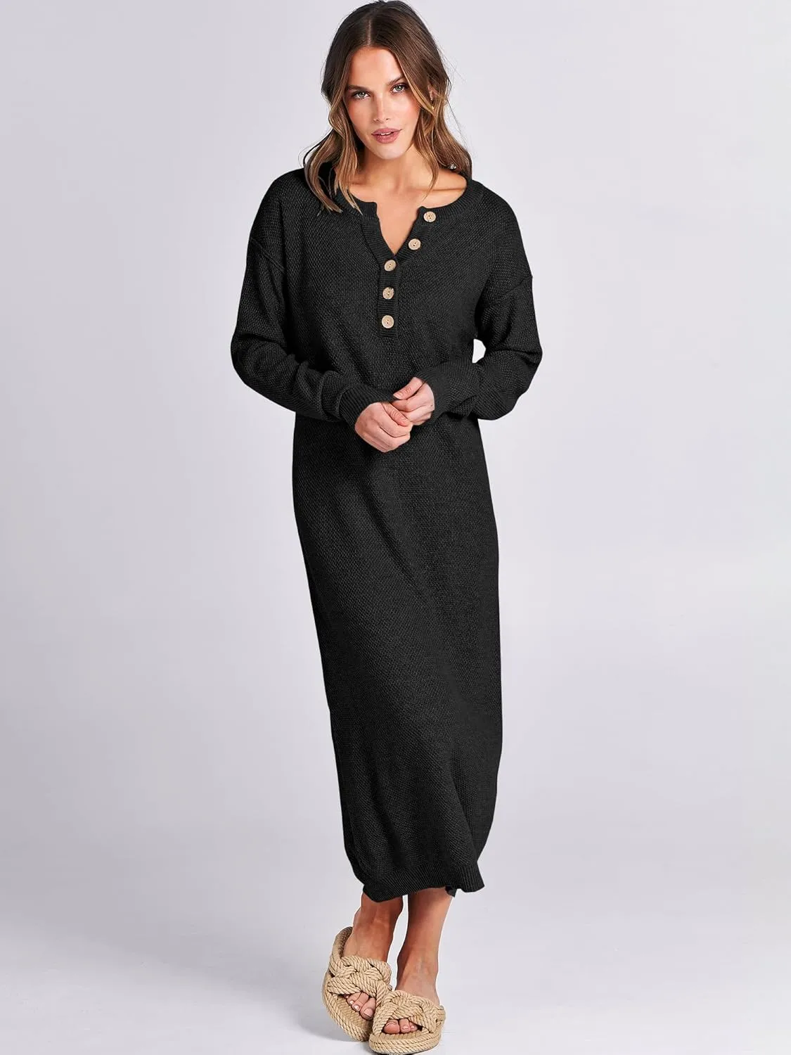 ANRABESS Women Long Sleeve Button V Neck Oversized Casual Loose Fit Waffle Knit Fall Midi Sweater Dress 2025 Trendy Outfits