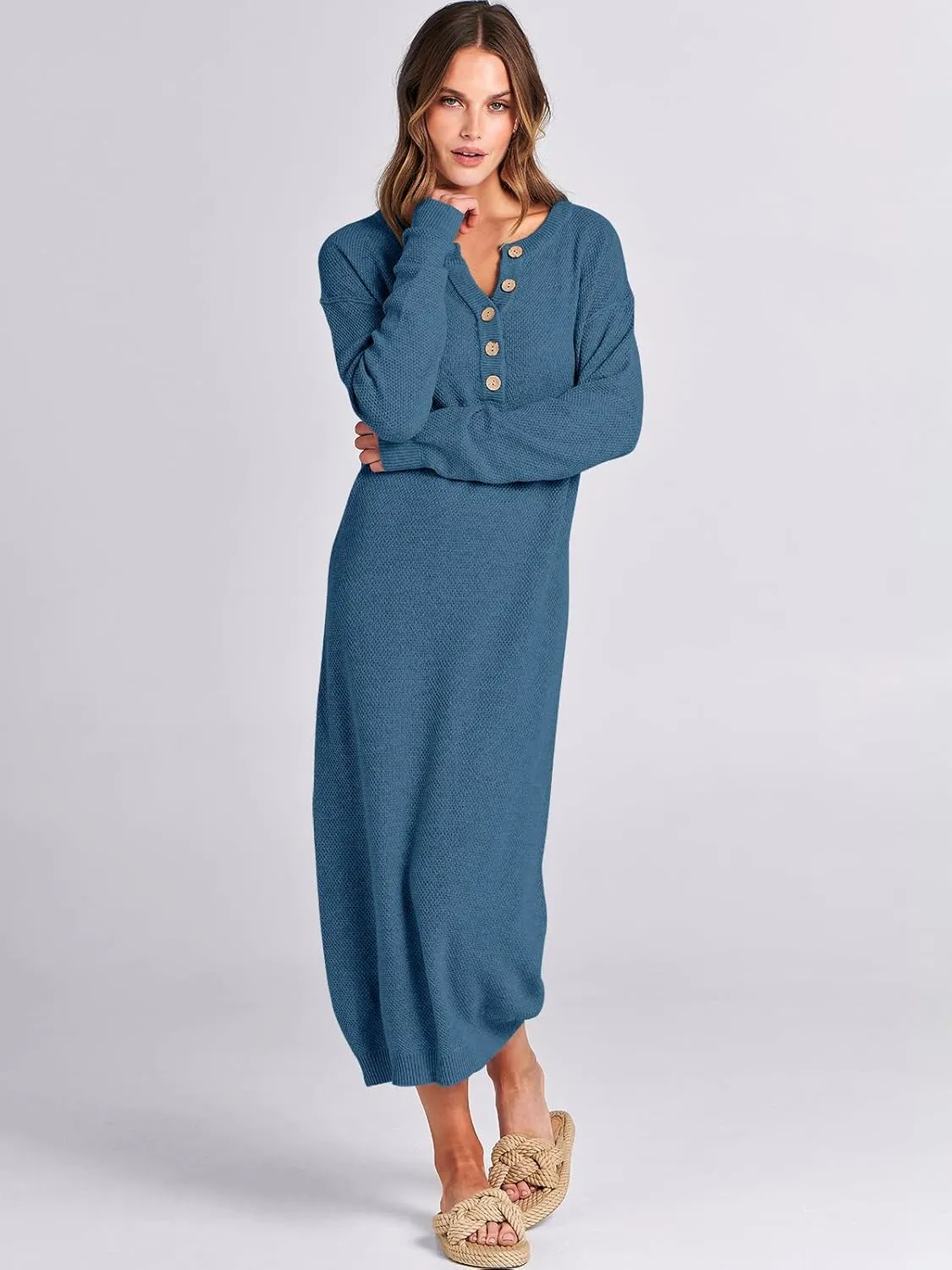 ANRABESS Women Long Sleeve Button V Neck Oversized Casual Loose Fit Waffle Knit Fall Midi Sweater Dress 2025 Trendy Outfits