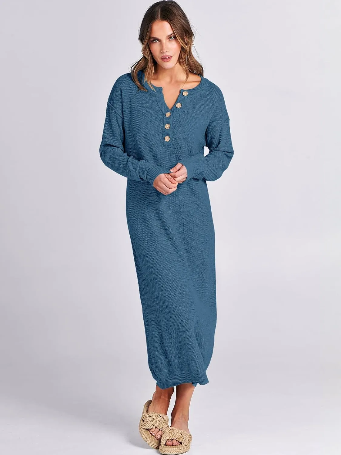 ANRABESS Women Long Sleeve Button V Neck Oversized Casual Loose Fit Waffle Knit Fall Midi Sweater Dress 2025 Trendy Outfits