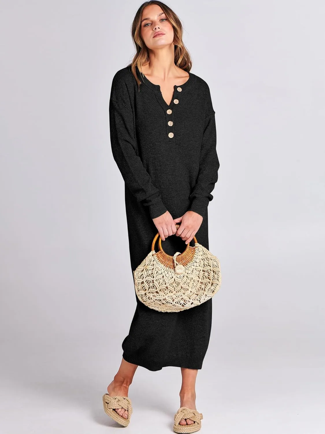 ANRABESS Women Long Sleeve Button V Neck Oversized Casual Loose Fit Waffle Knit Fall Midi Sweater Dress 2025 Trendy Outfits