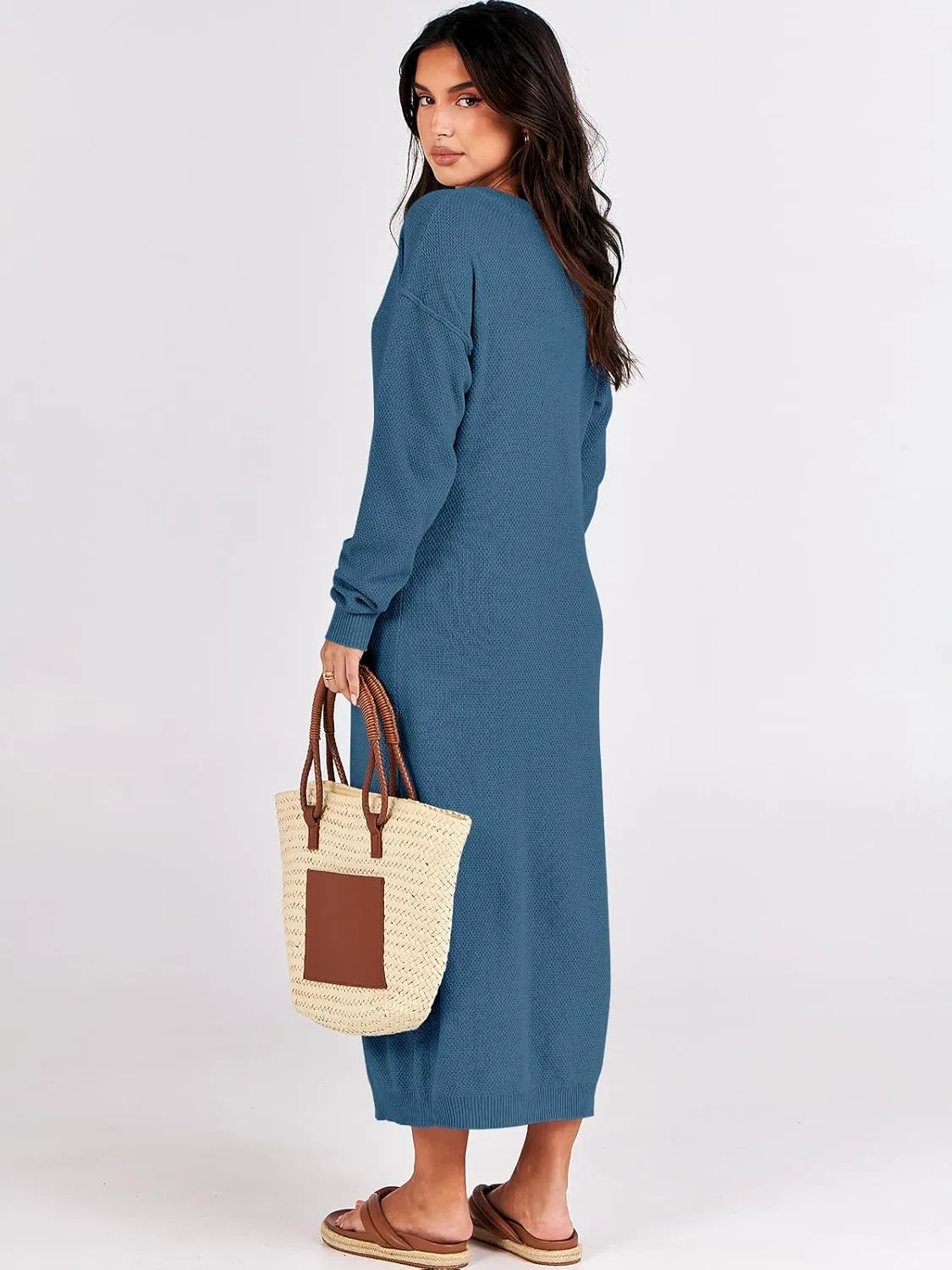ANRABESS Women Long Sleeve Button V Neck Oversized Casual Loose Fit Waffle Knit Fall Midi Sweater Dress 2025 Trendy Outfits