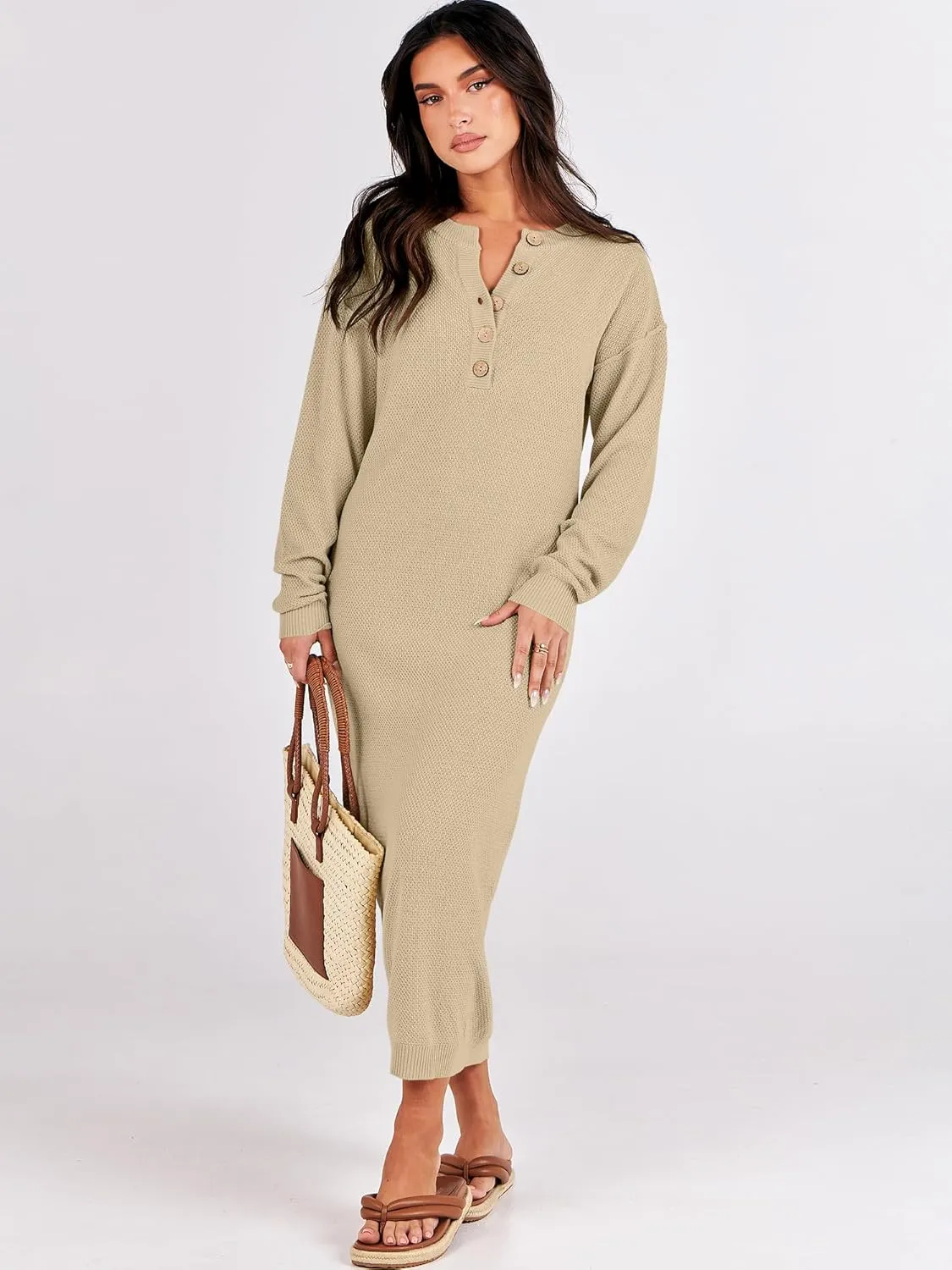 ANRABESS Women Long Sleeve Button V Neck Oversized Casual Loose Fit Waffle Knit Fall Midi Sweater Dress 2025 Trendy Outfits