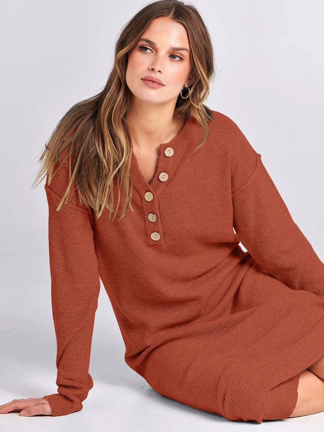 ANRABESS Women Long Sleeve Button V Neck Oversized Casual Loose Fit Waffle Knit Fall Midi Sweater Dress 2025 Trendy Outfits