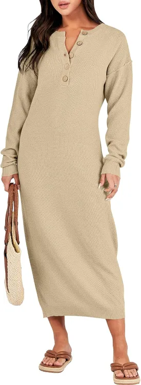 ANRABESS Women Long Sleeve Button V Neck Oversized Casual Loose Fit Waffle Knit Fall Midi Sweater Dress 2025 Trendy Outfits