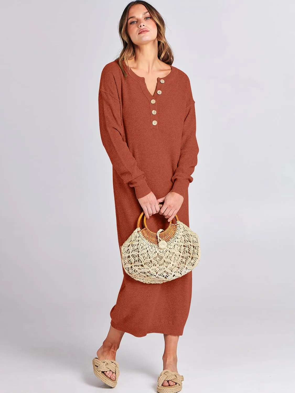 ANRABESS Women Long Sleeve Button V Neck Oversized Casual Loose Fit Waffle Knit Fall Midi Sweater Dress 2025 Trendy Outfits