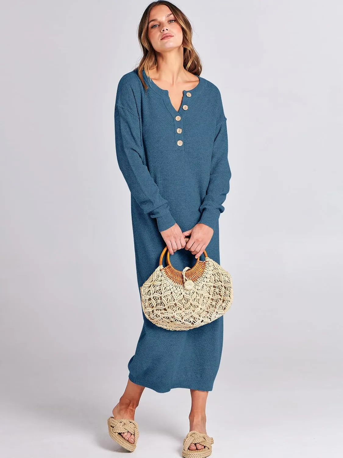 ANRABESS Women Long Sleeve Button V Neck Oversized Casual Loose Fit Waffle Knit Fall Midi Sweater Dress 2025 Trendy Outfits
