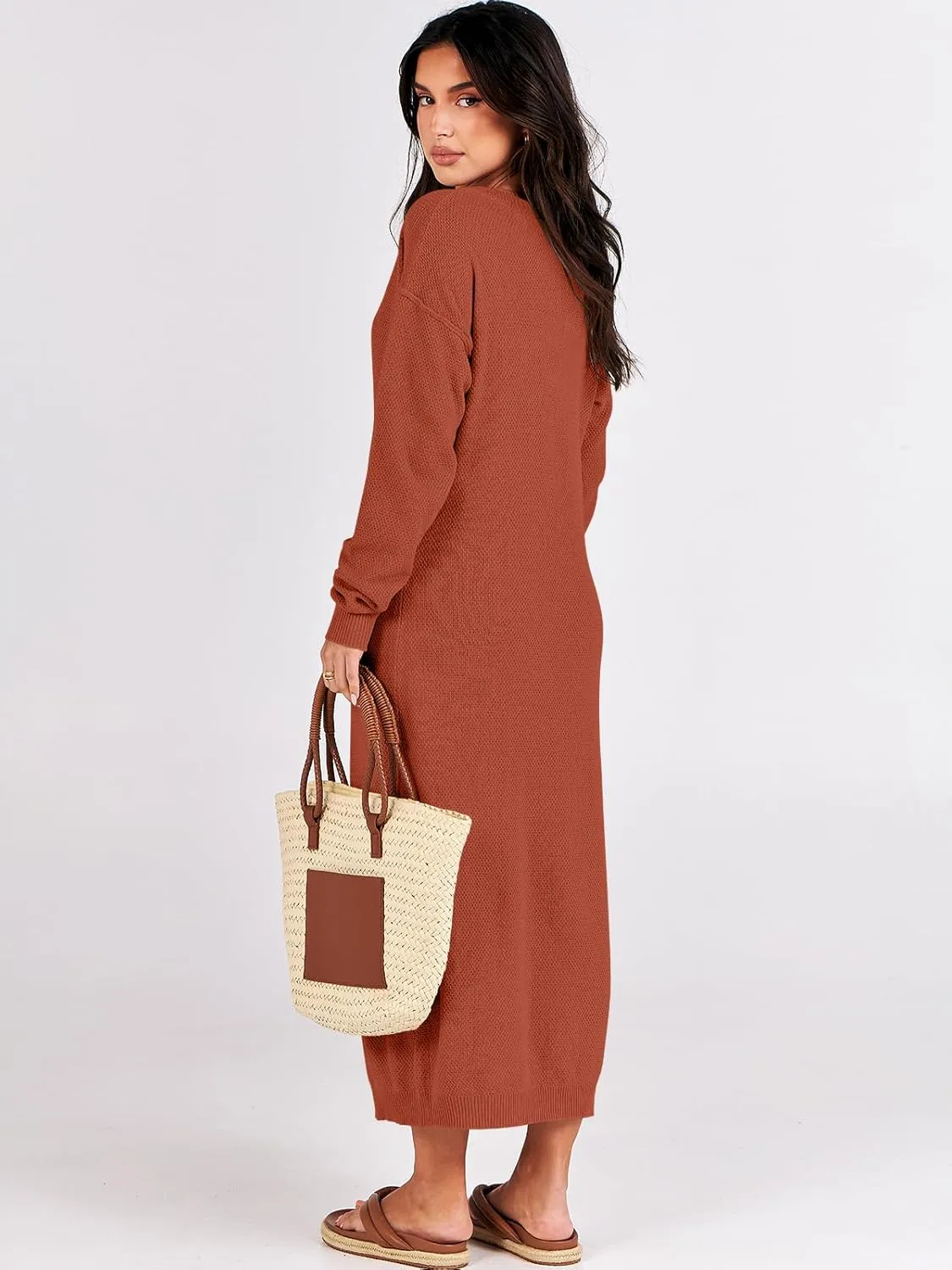 ANRABESS Women Long Sleeve Button V Neck Oversized Casual Loose Fit Waffle Knit Fall Midi Sweater Dress 2025 Trendy Outfits