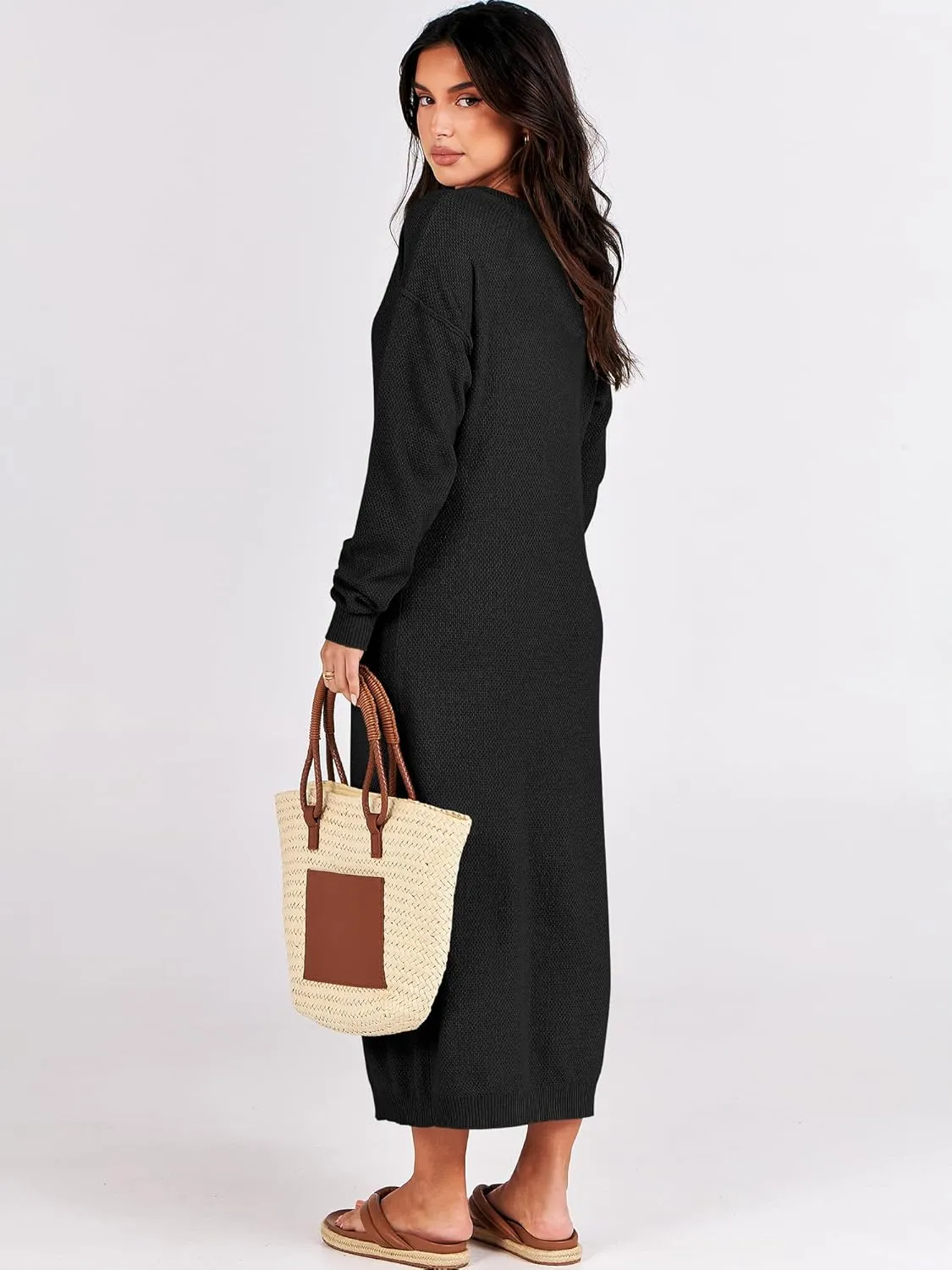 ANRABESS Women Long Sleeve Button V Neck Oversized Casual Loose Fit Waffle Knit Fall Midi Sweater Dress 2025 Trendy Outfits