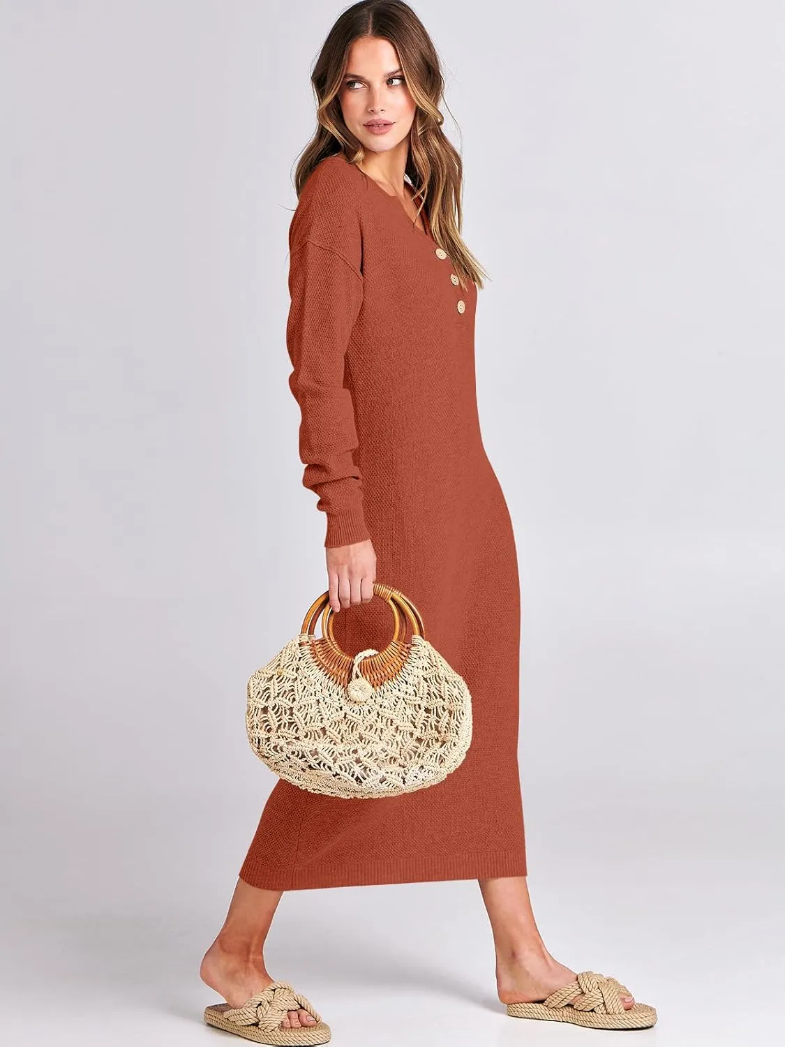 ANRABESS Women Long Sleeve Button V Neck Oversized Casual Loose Fit Waffle Knit Fall Midi Sweater Dress 2025 Trendy Outfits