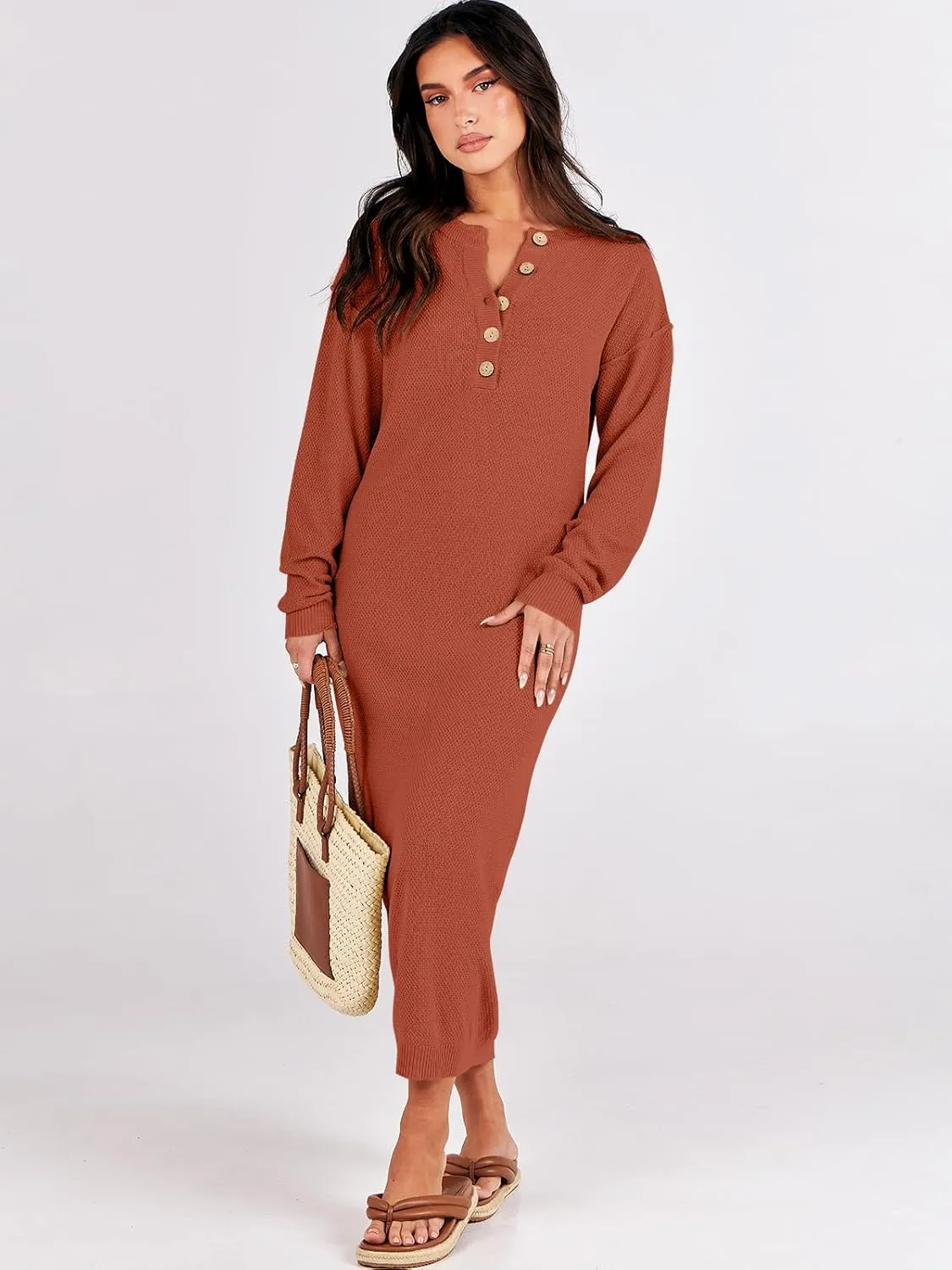 ANRABESS Women Long Sleeve Button V Neck Oversized Casual Loose Fit Waffle Knit Fall Midi Sweater Dress 2025 Trendy Outfits