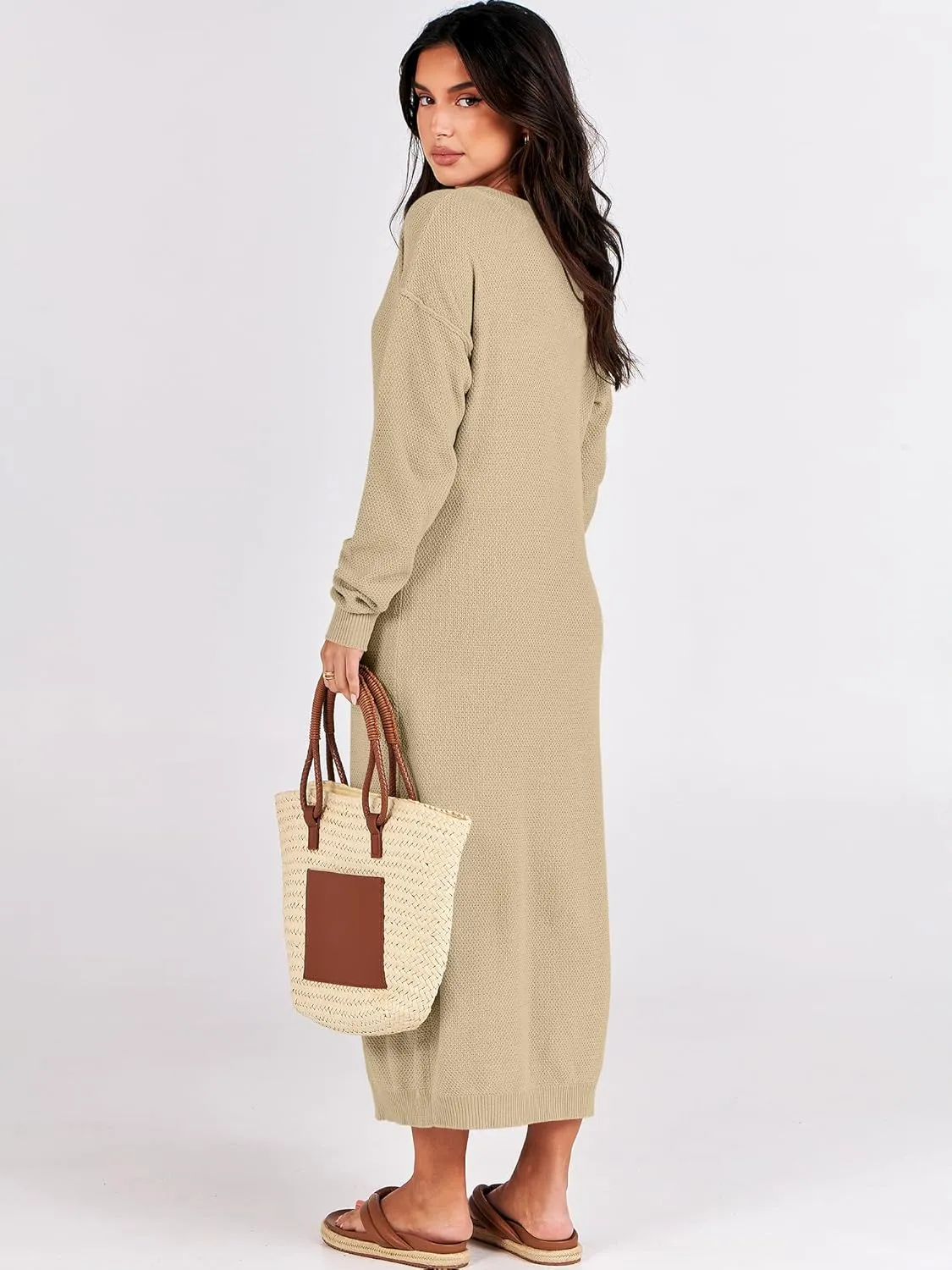 ANRABESS Women Long Sleeve Button V Neck Oversized Casual Loose Fit Waffle Knit Fall Midi Sweater Dress 2025 Trendy Outfits
