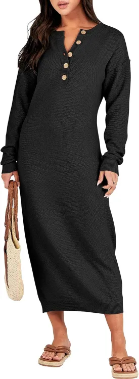 ANRABESS Women Long Sleeve Button V Neck Oversized Casual Loose Fit Waffle Knit Fall Midi Sweater Dress 2025 Trendy Outfits