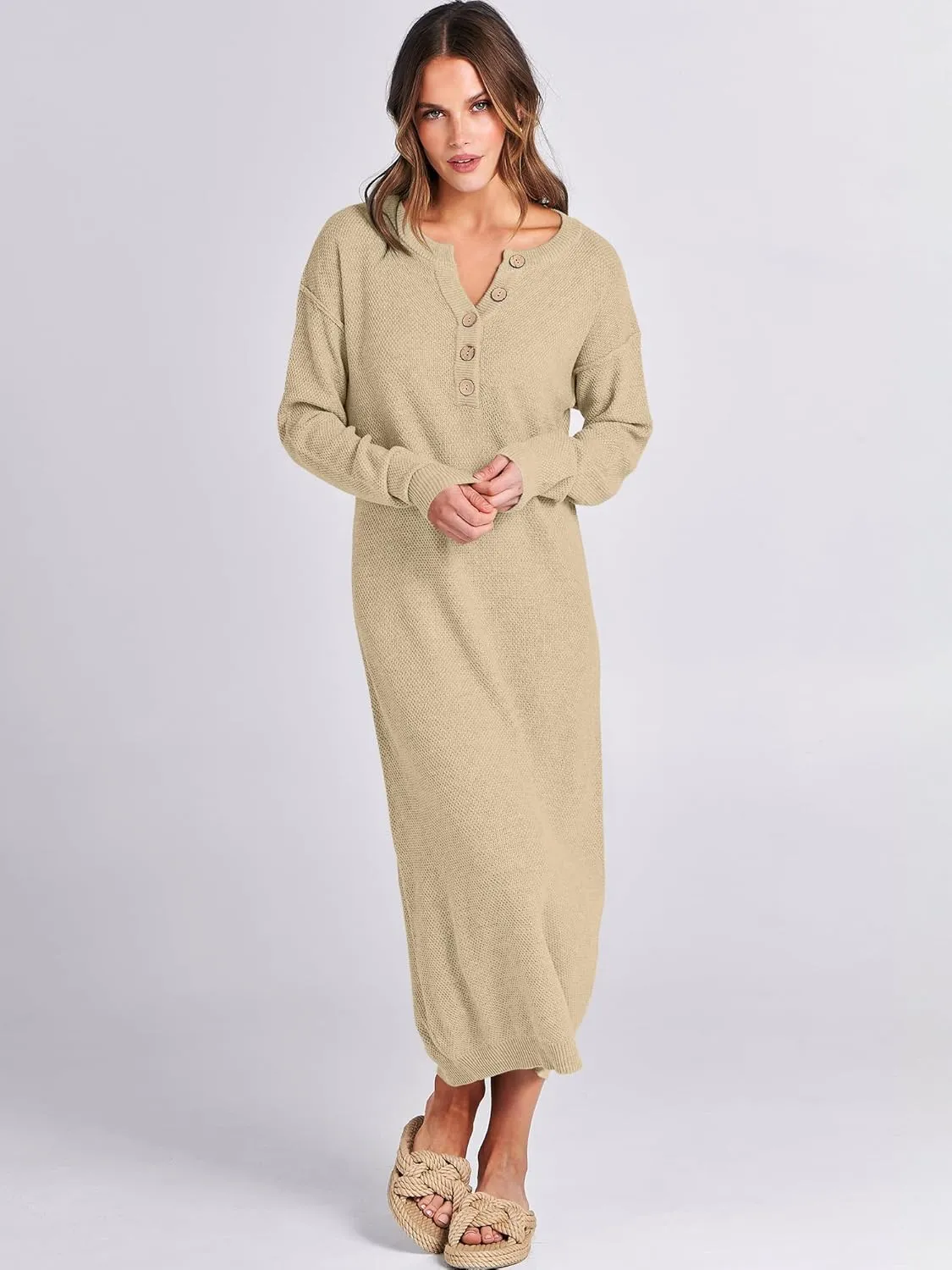 ANRABESS Women Long Sleeve Button V Neck Oversized Casual Loose Fit Waffle Knit Fall Midi Sweater Dress 2025 Trendy Outfits
