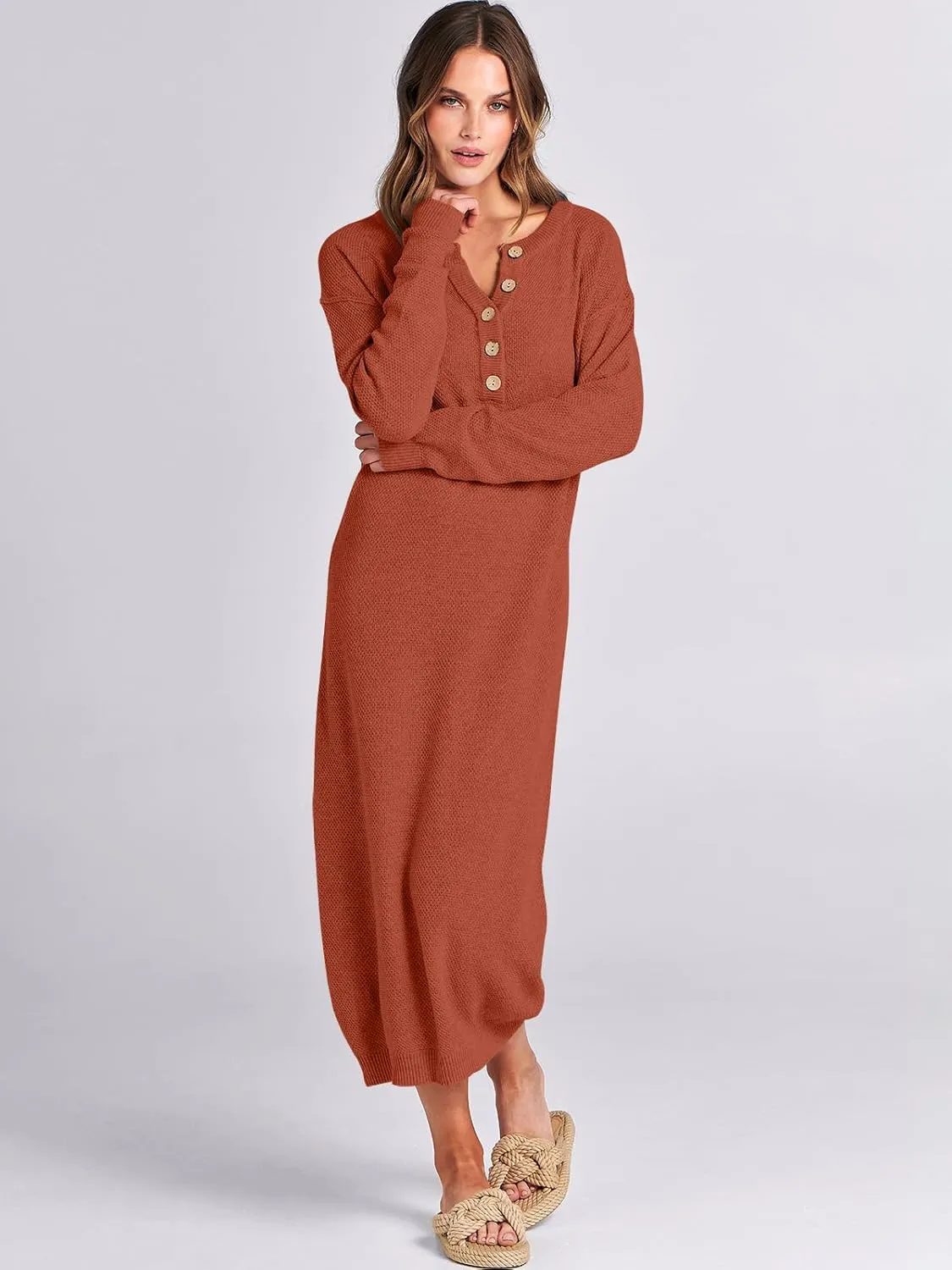 ANRABESS Women Long Sleeve Button V Neck Oversized Casual Loose Fit Waffle Knit Fall Midi Sweater Dress 2025 Trendy Outfits
