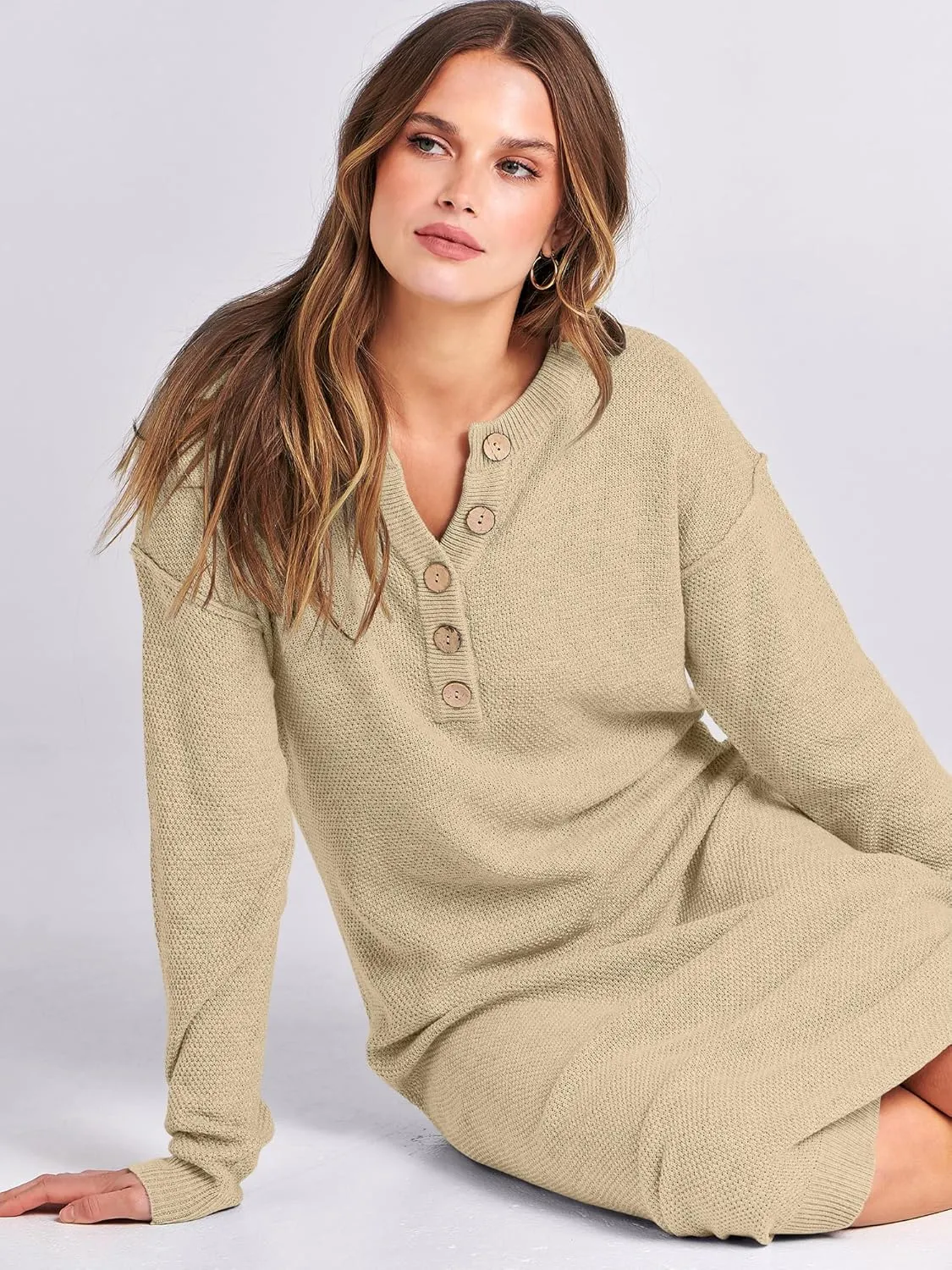 ANRABESS Women Long Sleeve Button V Neck Oversized Casual Loose Fit Waffle Knit Fall Midi Sweater Dress 2025 Trendy Outfits