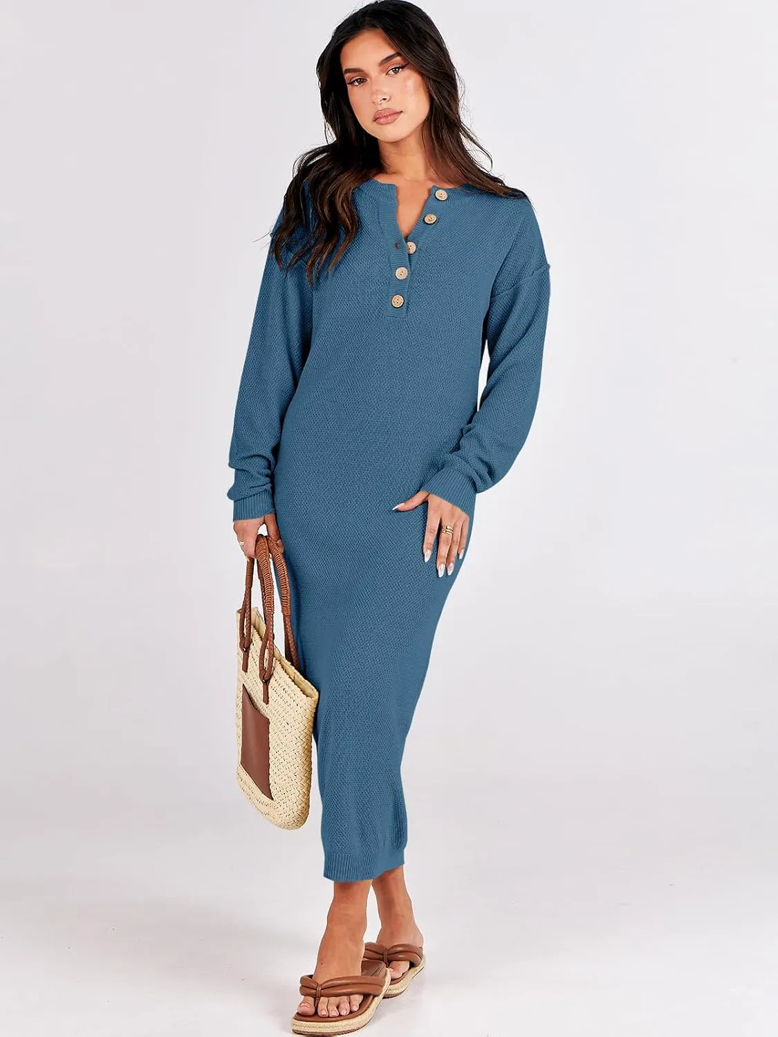 ANRABESS Women Long Sleeve Button V Neck Oversized Casual Loose Fit Waffle Knit Fall Midi Sweater Dress 2025 Trendy Outfits