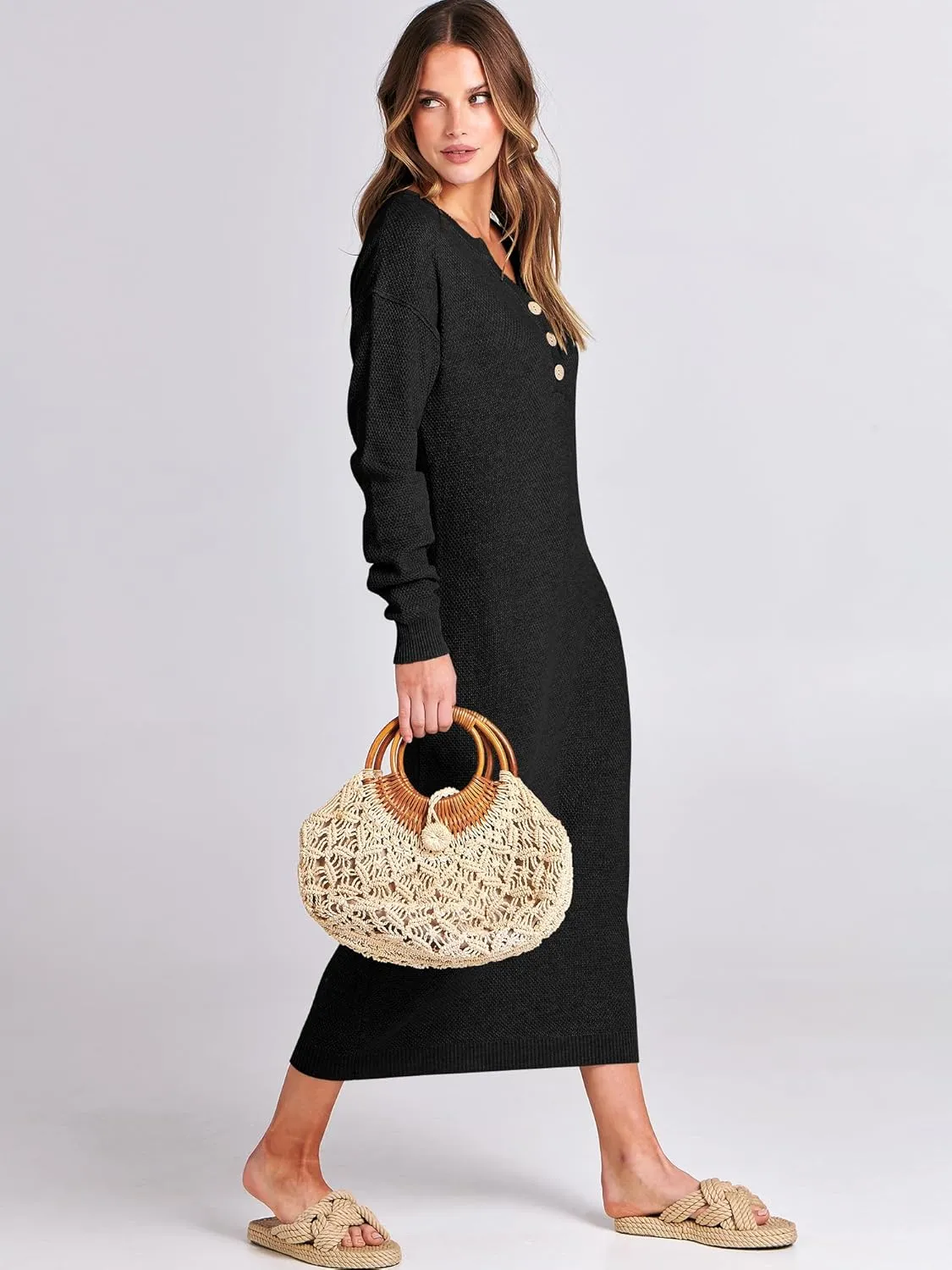 ANRABESS Women Long Sleeve Button V Neck Oversized Casual Loose Fit Waffle Knit Fall Midi Sweater Dress 2025 Trendy Outfits