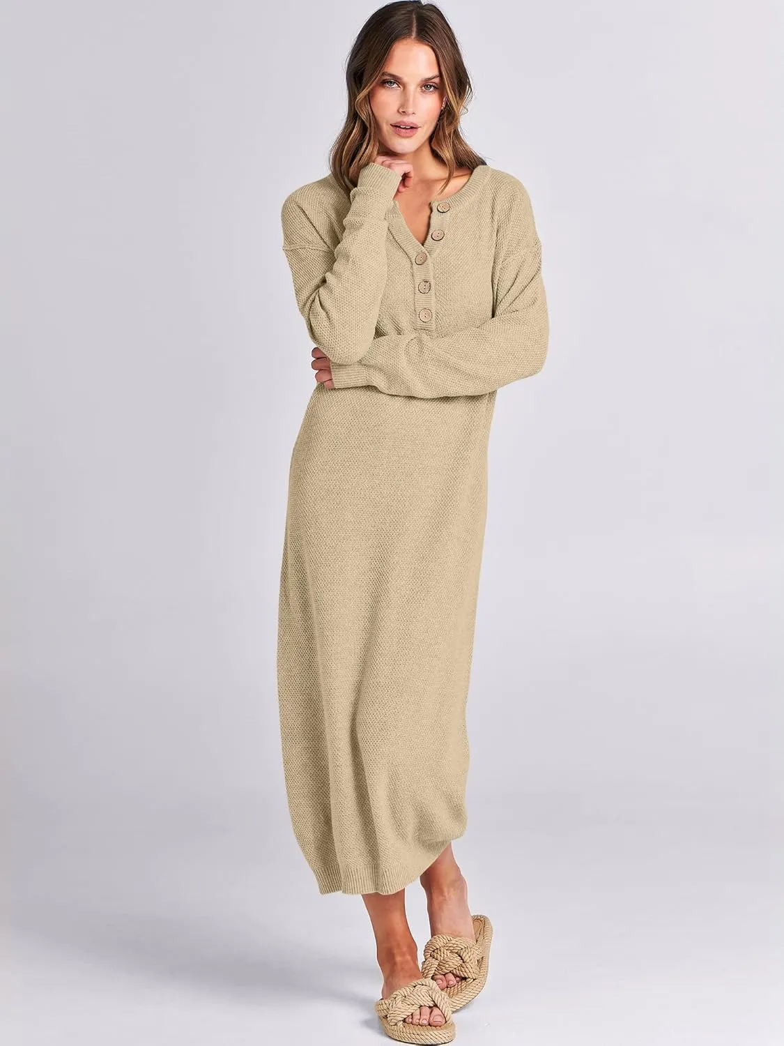 ANRABESS Women Long Sleeve Button V Neck Oversized Casual Loose Fit Waffle Knit Fall Midi Sweater Dress 2025 Trendy Outfits
