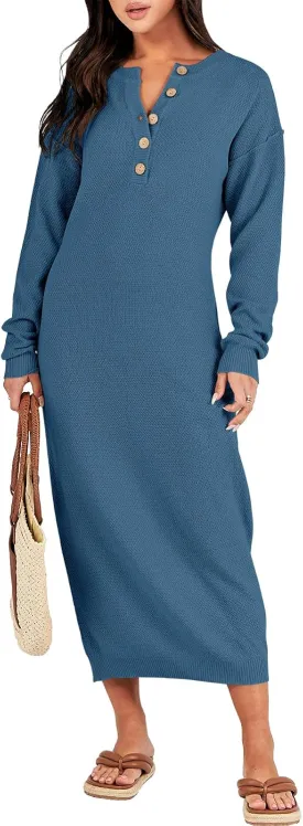 ANRABESS Women Long Sleeve Button V Neck Oversized Casual Loose Fit Waffle Knit Fall Midi Sweater Dress 2025 Trendy Outfits