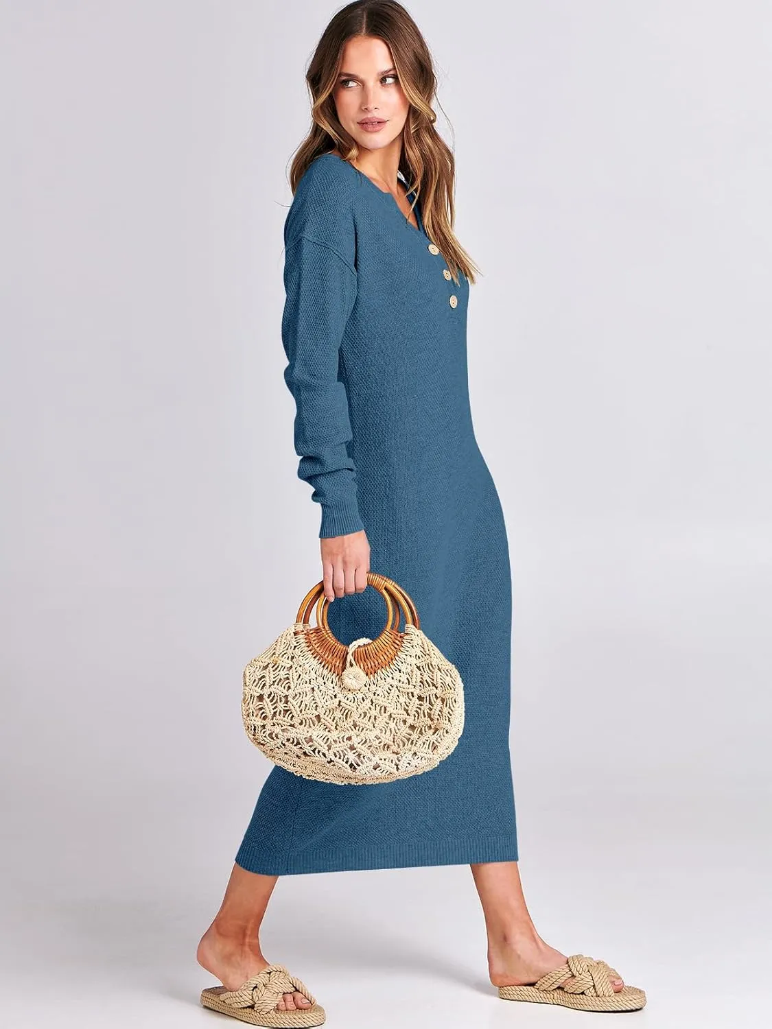 ANRABESS Women Long Sleeve Button V Neck Oversized Casual Loose Fit Waffle Knit Fall Midi Sweater Dress 2025 Trendy Outfits