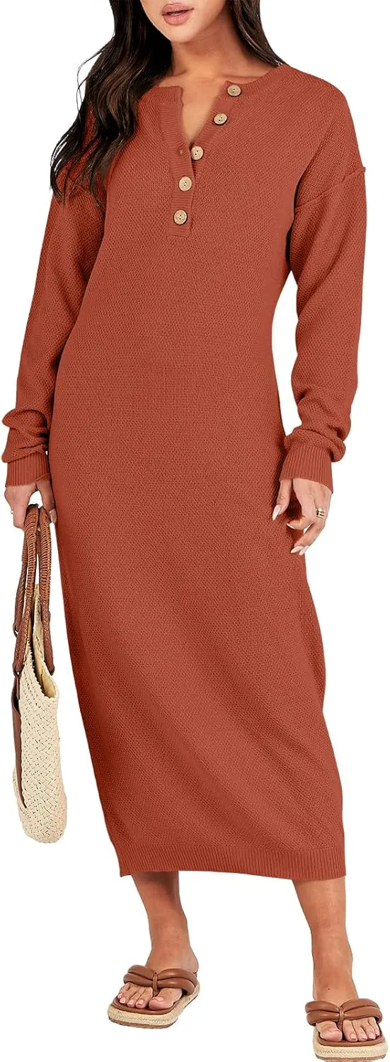 ANRABESS Women Long Sleeve Button V Neck Oversized Casual Loose Fit Waffle Knit Fall Midi Sweater Dress 2025 Trendy Outfits