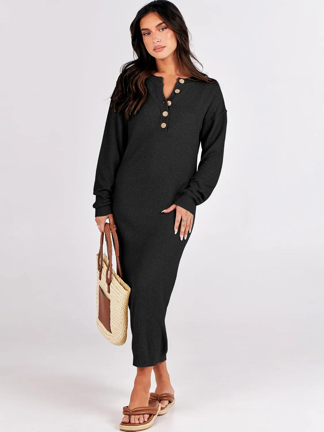 ANRABESS Women Long Sleeve Button V Neck Oversized Casual Loose Fit Waffle Knit Fall Midi Sweater Dress 2025 Trendy Outfits