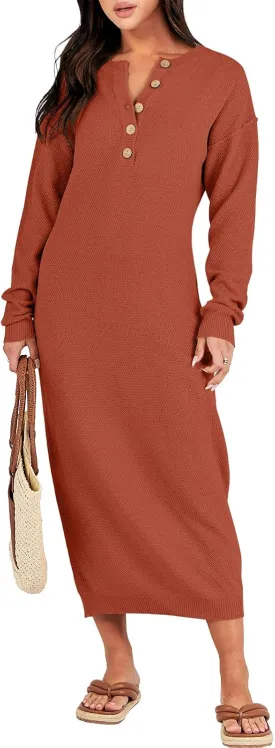 ANRABESS Women Long Sleeve Button V Neck Oversized Casual Loose Fit Waffle Knit Fall Midi Sweater Dress 2025 Trendy Outfits