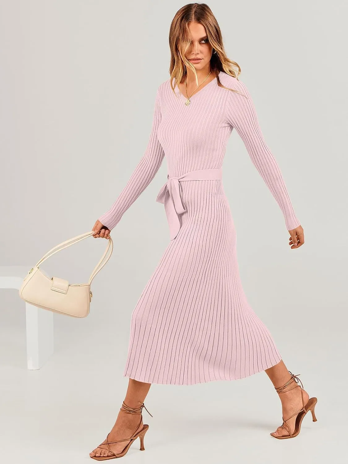 ANRABESS Women Long Sleeve V Neck A-line Tie Waist Slim Fit Ribbed Knit Bodycon Midi Sweater Dress 2025 Fall Trendy Outfits
