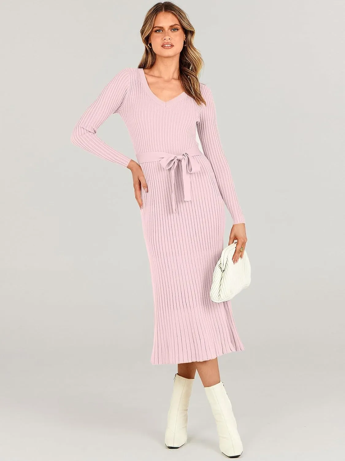 ANRABESS Women Long Sleeve V Neck A-line Tie Waist Slim Fit Ribbed Knit Bodycon Midi Sweater Dress 2025 Fall Trendy Outfits