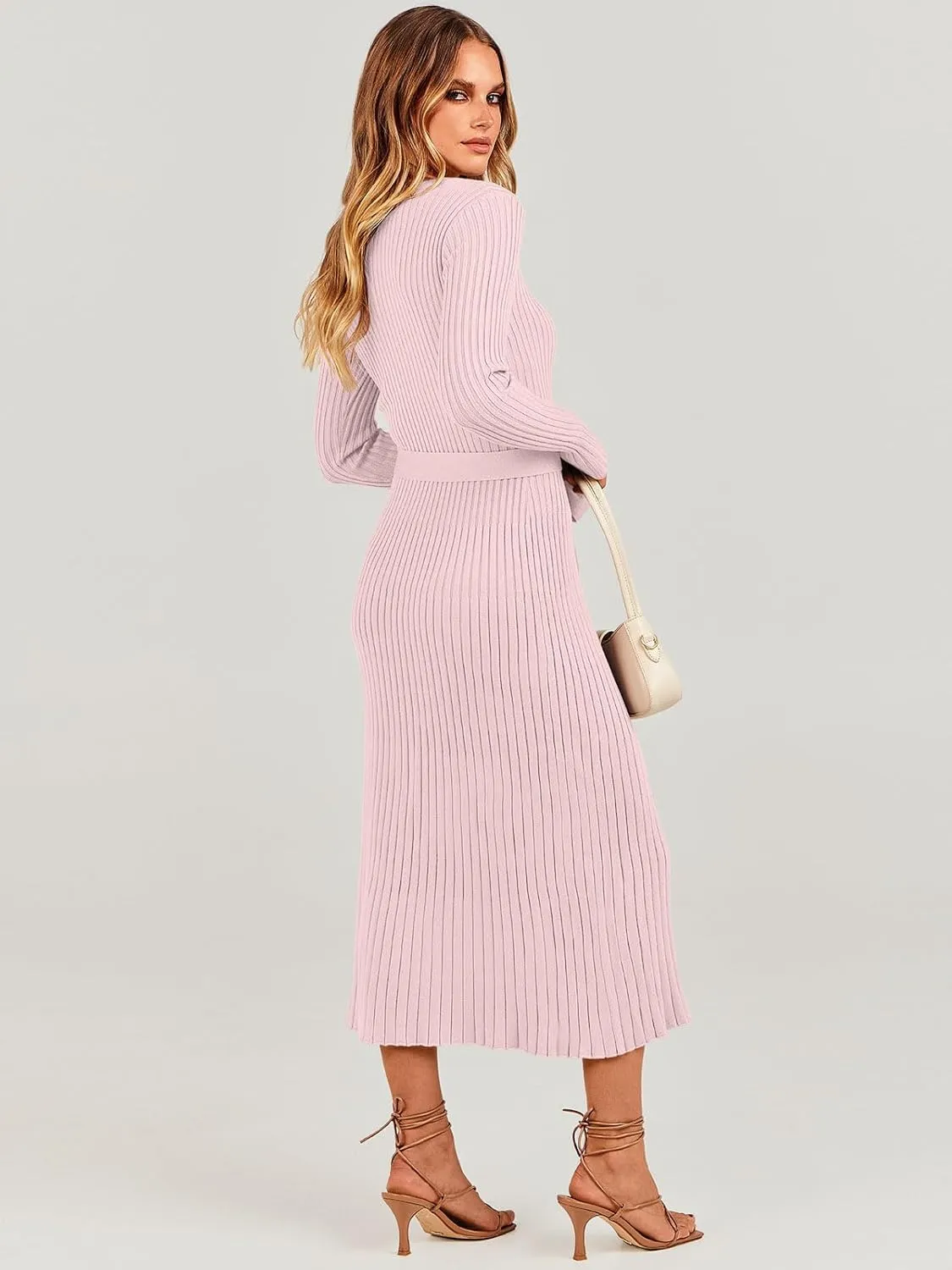 ANRABESS Women Long Sleeve V Neck A-line Tie Waist Slim Fit Ribbed Knit Bodycon Midi Sweater Dress 2025 Fall Trendy Outfits