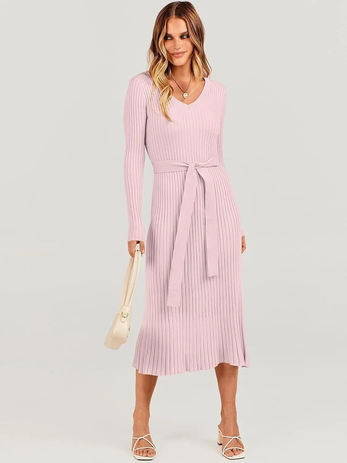 ANRABESS Women Long Sleeve V Neck A-line Tie Waist Slim Fit Ribbed Knit Bodycon Midi Sweater Dress 2025 Fall Trendy Outfits