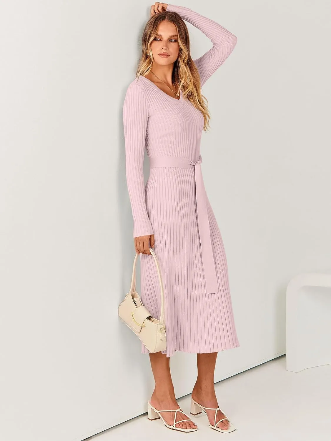 ANRABESS Women Long Sleeve V Neck A-line Tie Waist Slim Fit Ribbed Knit Bodycon Midi Sweater Dress 2025 Fall Trendy Outfits