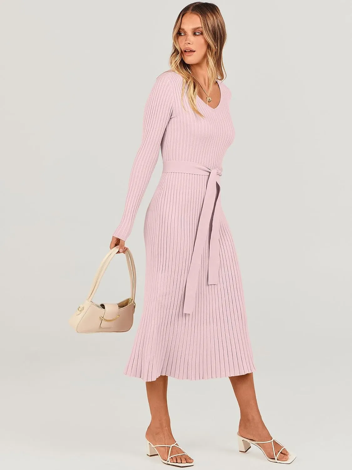 ANRABESS Women Long Sleeve V Neck A-line Tie Waist Slim Fit Ribbed Knit Bodycon Midi Sweater Dress 2025 Fall Trendy Outfits
