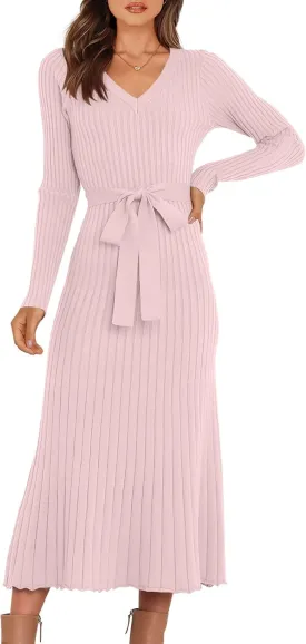 ANRABESS Women Long Sleeve V Neck A-line Tie Waist Slim Fit Ribbed Knit Bodycon Midi Sweater Dress 2025 Fall Trendy Outfits