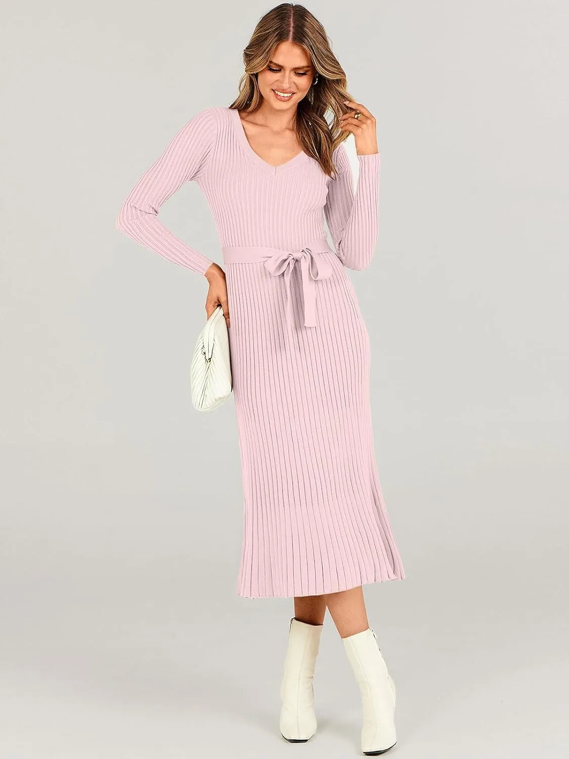 ANRABESS Women Long Sleeve V Neck A-line Tie Waist Slim Fit Ribbed Knit Bodycon Midi Sweater Dress 2025 Fall Trendy Outfits