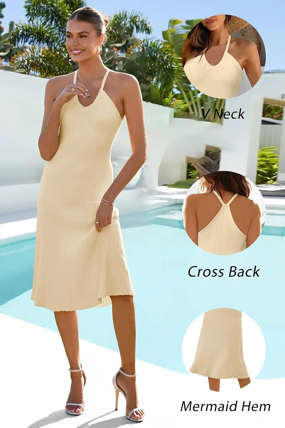 Arach&Cloz Women's Knit Adjustable Halter V Neck Summer Vacation Dress 2025
