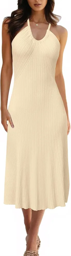 Arach&Cloz Women's Knit Adjustable Halter V Neck Summer Vacation Dress 2025