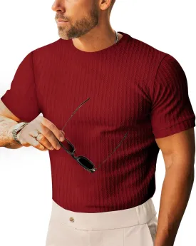 Beotyshow Men's Ribbed Knit T Shirts Short Sleeve Crew Neck Slim Fit Stretchy Muscle Shirts Basic Solid Tee Tops