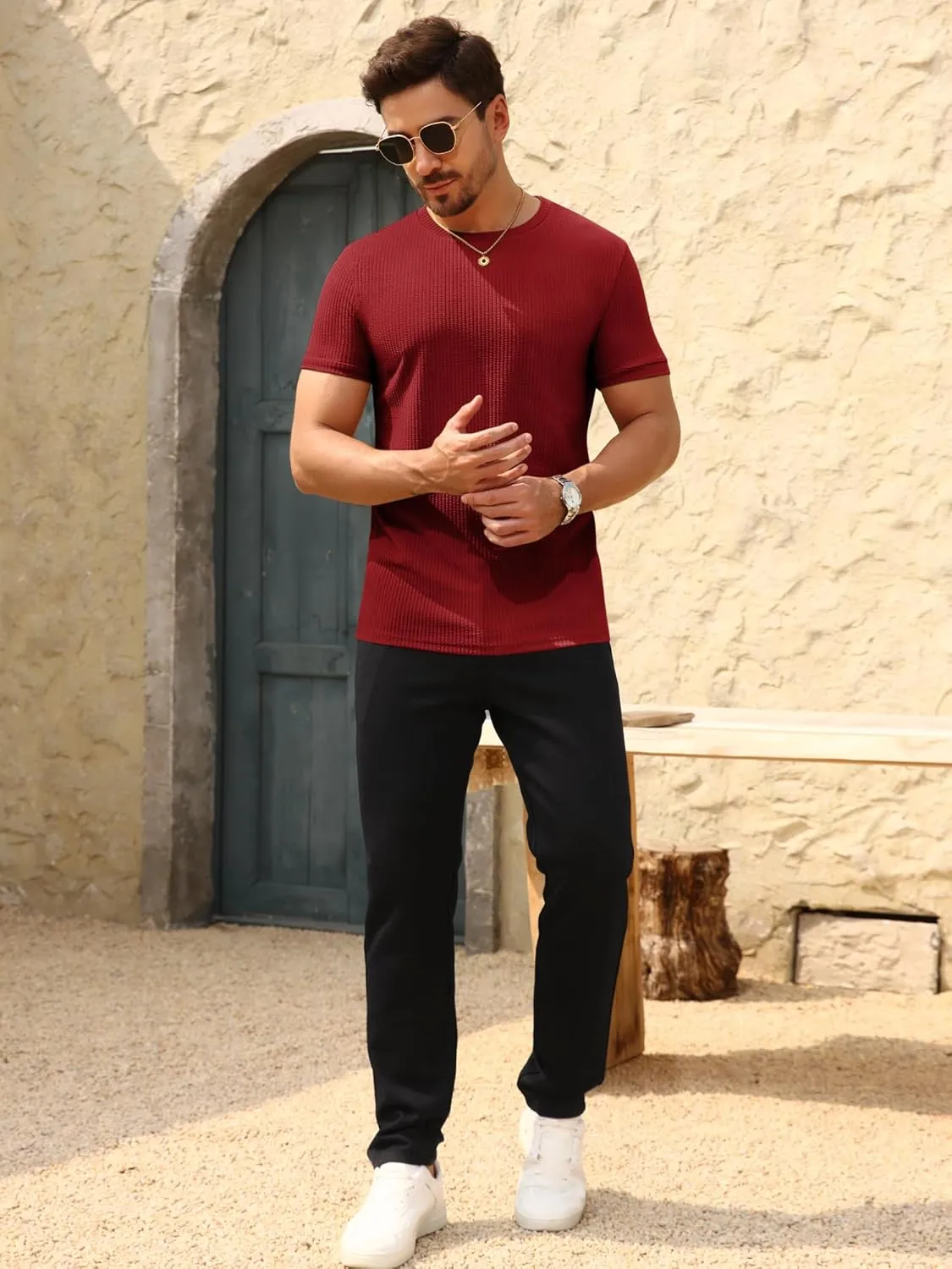 Beotyshow Men's Ribbed Knit T Shirts Short Sleeve Crew Neck Slim Fit Stretchy Muscle Shirts Basic Solid Tee Tops