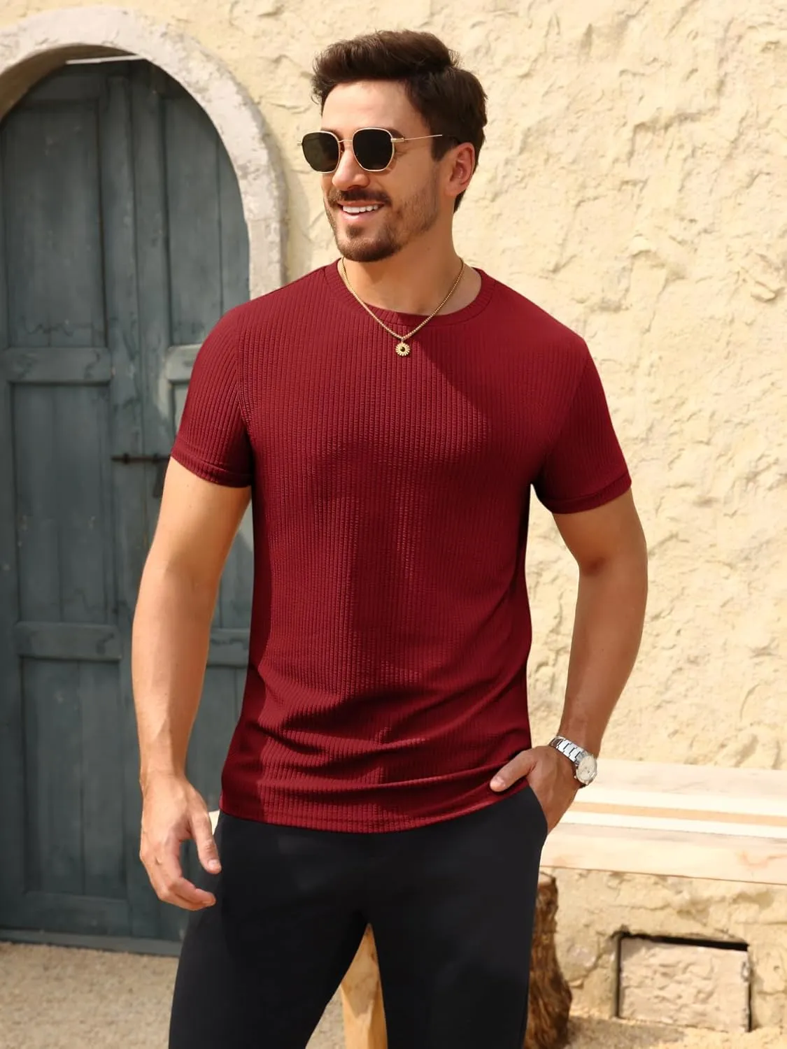 Beotyshow Men's Ribbed Knit T Shirts Short Sleeve Crew Neck Slim Fit Stretchy Muscle Shirts Basic Solid Tee Tops