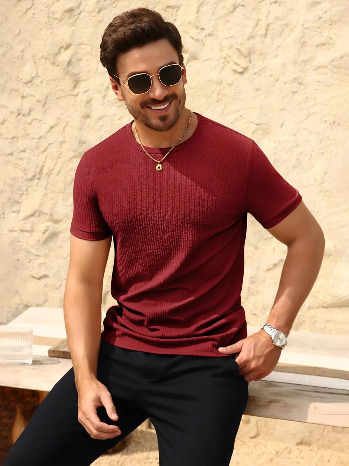 Beotyshow Men's Ribbed Knit T Shirts Short Sleeve Crew Neck Slim Fit Stretchy Muscle Shirts Basic Solid Tee Tops