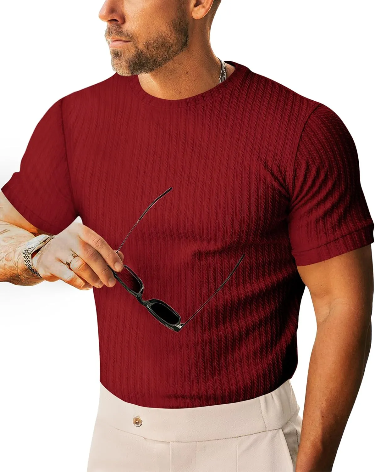 Beotyshow Men's Ribbed Knit T Shirts Short Sleeve Crew Neck Slim Fit Stretchy Muscle Shirts Basic Solid Tee Tops